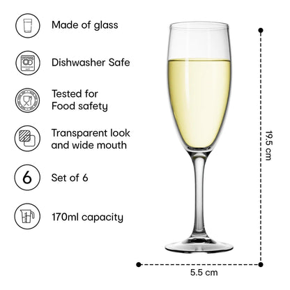 Anko Champagne Flutes Set of 6 | Elegant Design | Dishwasher Safe | 170ml | Clear
