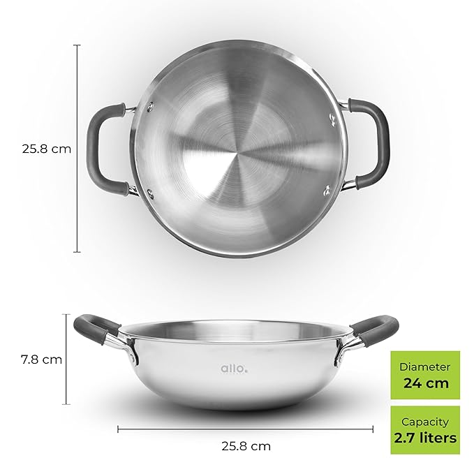 Allo Triply Stainless Steel Kadhai with Handles Perfect Kadhai for Curry 24cm 2.7 litres Without lid