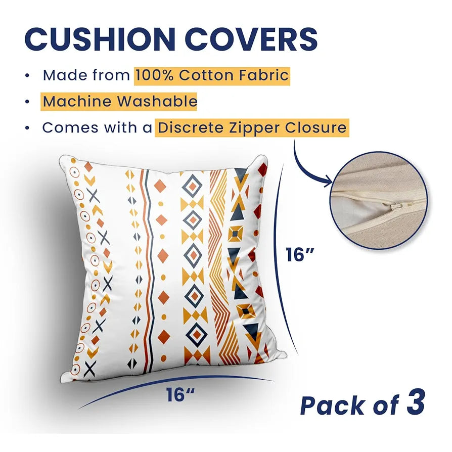 Urban Space Decorative Cotton Cushion Cover Set of 3 Cushion Covers for Sofa, Bedroom, Living Room Motif Mustard