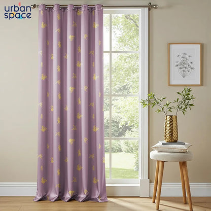Urban Space Blackout Curtains for Living Room Gold Foil Printed Luxurious Blackout Decorative Door Curtain 1 Piece Crackle lilac Colour