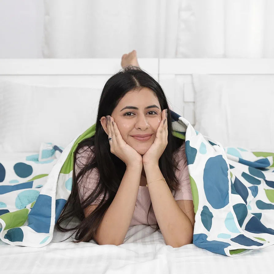 Divine Casa Pure Cotton Polkadot 120 GSM Ac Blanket Dohar for Double Bed Light Weight Quilt Colour Blue and Green