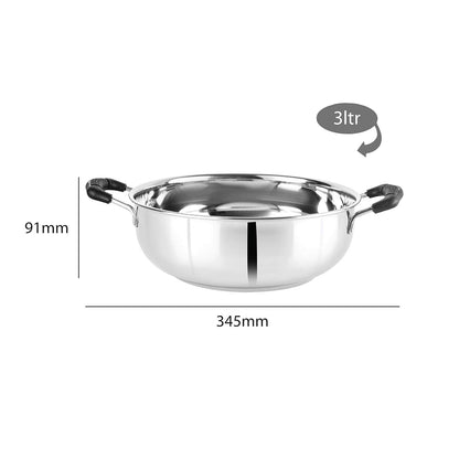 Cello Steelox Induction Compatible Stainless Steel Kadhai - 3ltr