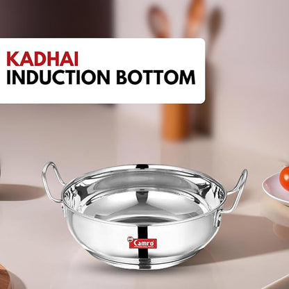 Camro Kadhai Induction Bottom 1.2 Liters Without Lid Steel Stainless Kadhai for Deep Frying