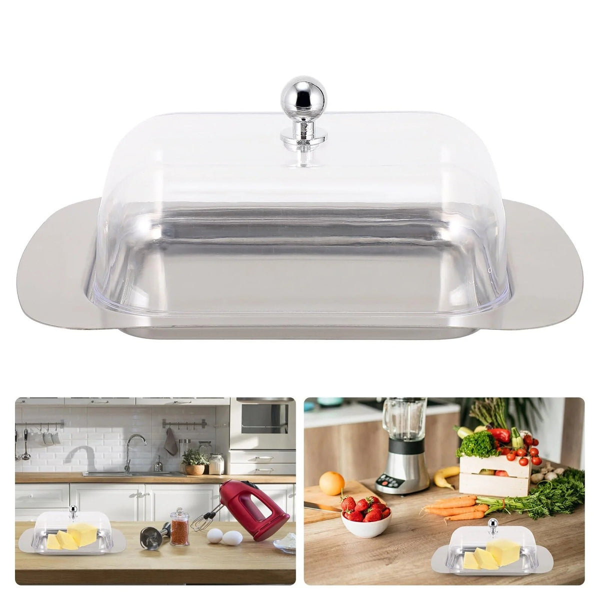 Kuber Industries Steel Butter Dish Box Cheese Storage Keeper Tray Silver