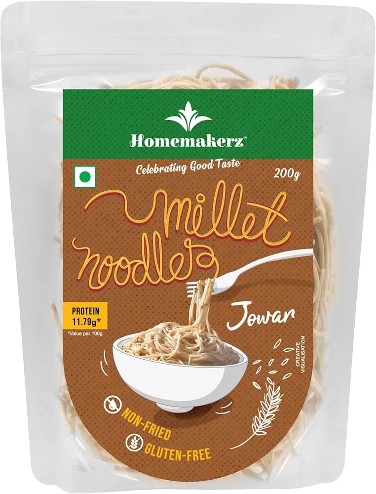 Homemakerz Jowar Millet Noodles, Natural, Preservative, Gluten & Fat Free, Not Fried & No Oil, Zero Maida & Wheat, Healthy & Tasty Hakka Millet Noodles, 200g