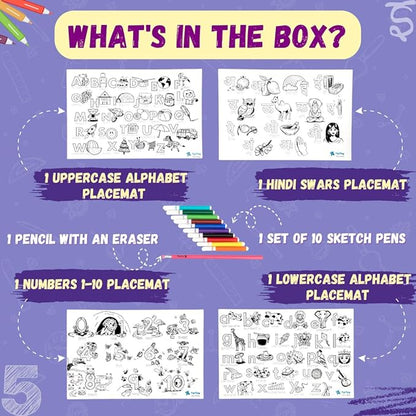 Pepplay Reusable 4 Learning Sheets with Sketch Pens & Pencil Pre-School Educational Toy Birthday