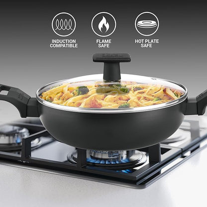 Milton Pro Cook Granito Induction Kadhai With Glass Lid, 30 Cm / 4.9 Litre, Black - 2020 gms