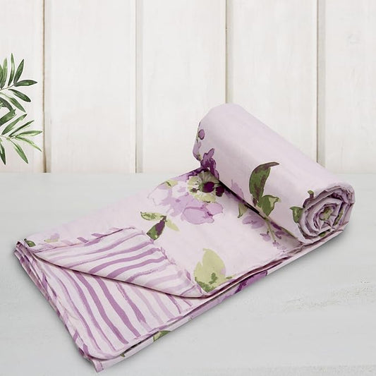 Huesland 100% Cotton Reversible Dohar Single Bed Cotton | Soft Cambric Weave, All Weather Light Ac Blanket | Floral Fusion - Purple & Green