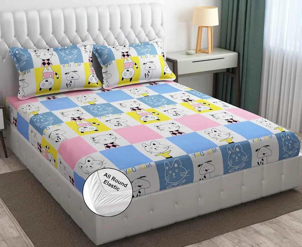 Fresh From Loom Hypoallergenic Glace Cotton Kids Elastic Fitted Bedsheet Rotary Printed Wrinkle Free With 2 Pillow Covers Aqua Pink 300 TC