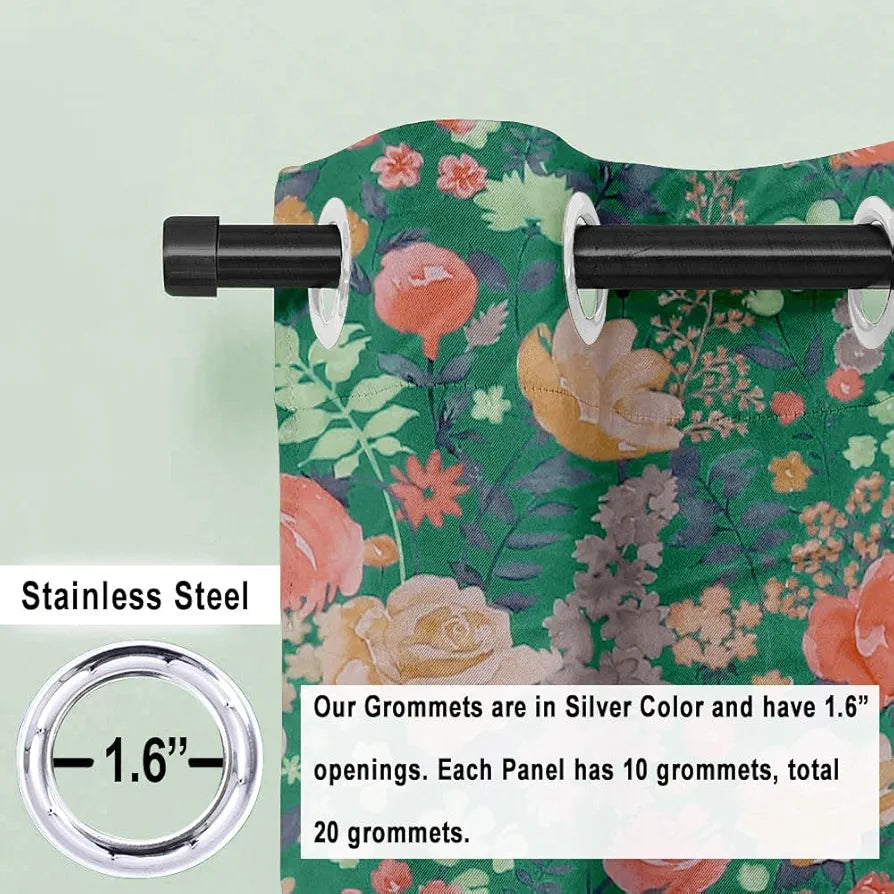 Cloth Fusion Blackout Printed Premium Door Curtains 7 Feet Long Set of 2 Green Roses
