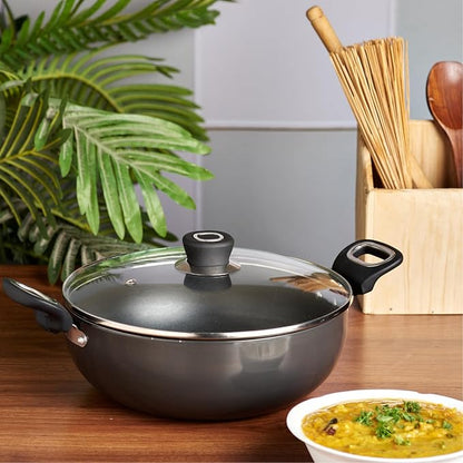 Vinod Hanos Hard Anodised Non Stick Deep Kadhai with Glass lid - 4.1 Litre, 26 cm | 3.25mm Thick | 5X Non Stick