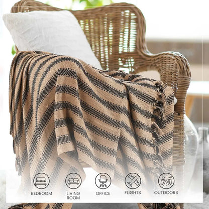 Sashaa World Striped Throw Medium with Tasselled Edges Colour Charcoal
