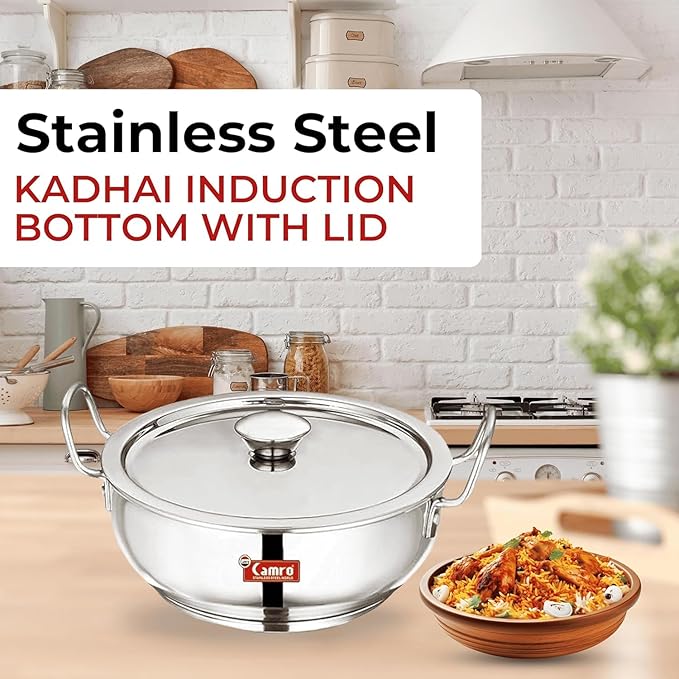 Camro Kadhai Induction Bottom with Lid 1.2 Liters kadhai Steel Stainless Kadhai for Deep Frying