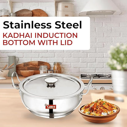 Camro Kadhai Induction Bottom with Lid 4 Liters kadhai Steel Stainless Kadhai for Deep Frying