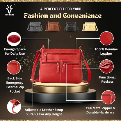 Goatter Genuine Soft Leather Multi Pocket 10" Inch Sling Cross-BodyBag for Girls And Women,
