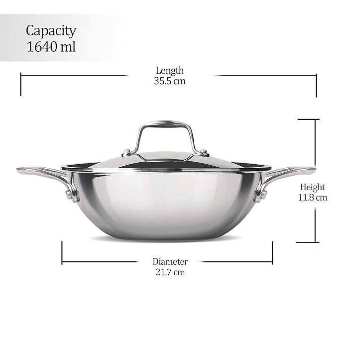 Milton Pro Cook Triply Stainless Steel 20 Cm Kadai With Lid, 1.6 Litres - 740 gms