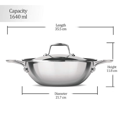 Milton Pro Cook Triply Stainless Steel 20 Cm Kadai With Lid, 1.6 Litres - 740 gms