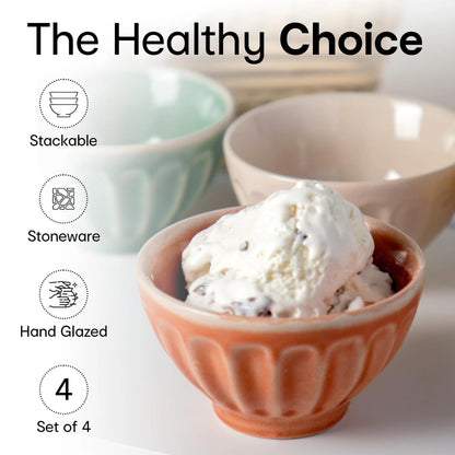 Anko Hand Glazed Icecream Bowls Set of 4 Stoneware Embossed Oven Safe 7.5cm H x 13cm Dia Pink Brown Green Red