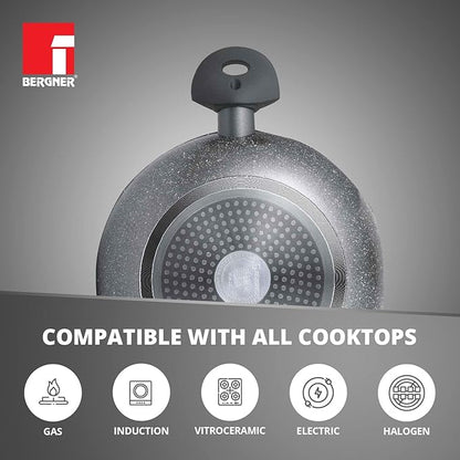 Bergner Orion Nonstick 24 Cm Shallow Kadai | Glass Lid | 2.3 Litres