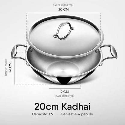 Stahl Artisan Triply Stainless Steel Kadhai With Lid, Kadai for Cooking | Induction & Gas Stove Compatible | 1.6 L | 20 Cm