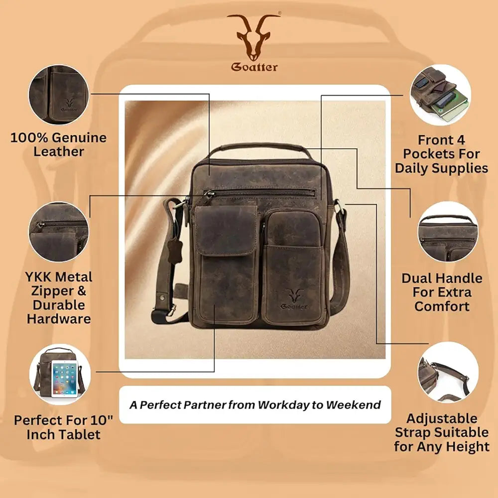 Goatter Hunter Leather 11”Inch Multi Pocket Men's Messenger Bags,  GTHT-07