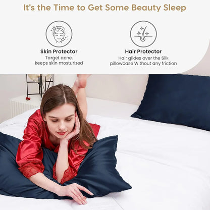 Cloth Fusion Satin Pillow Cover Set of 2 Pillow case with 3 Satin Soft Scrunchies Navy Colour