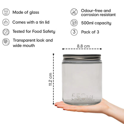 Anko Set of 3 Clear Glass Jars 550ml | Airtight | Tin Lid | Kitchen Storage