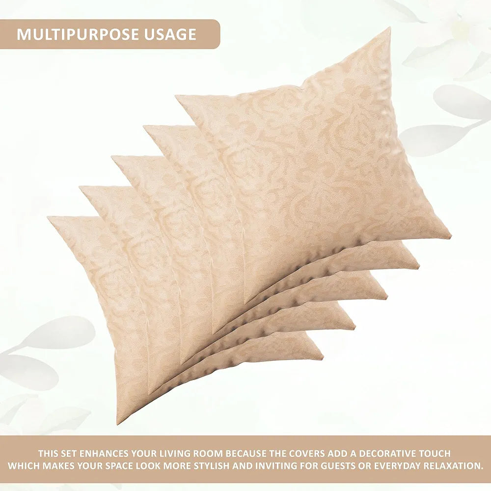Kuber Industries Set of 5 Washable & Removable Velvet Sofa Pillow Covers with Zip Floral Design Beige