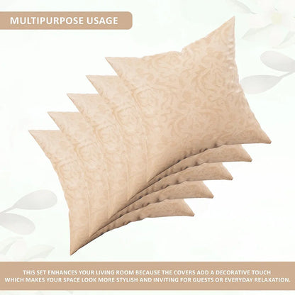 Kuber Industries Set of 5 Washable & Removable Velvet Sofa Pillow Covers with Zip Floral Design Beige