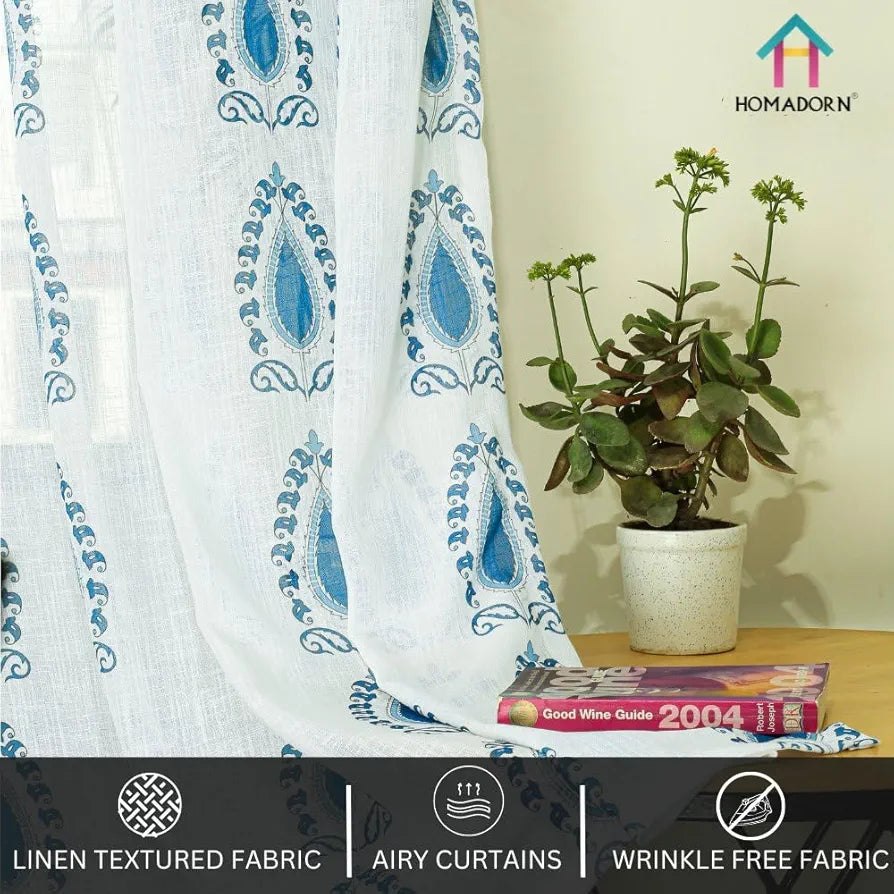 Homadorn Linen Sheer Printed Semi Transparent Curtains for Window Set of 2 Blue Motifs