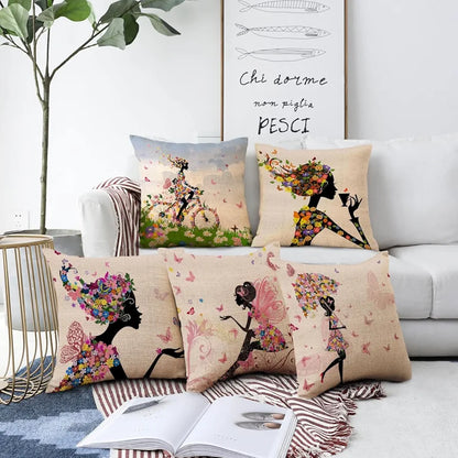 Aerohaven Trendy Designer Girl with Butterfly Hair Print Pillow Covers Pack of 5