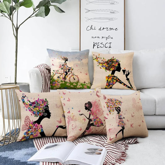 Aerohaven Trendy Designer Girl with Butterfly Hair Print Pillow Covers Pack of 5