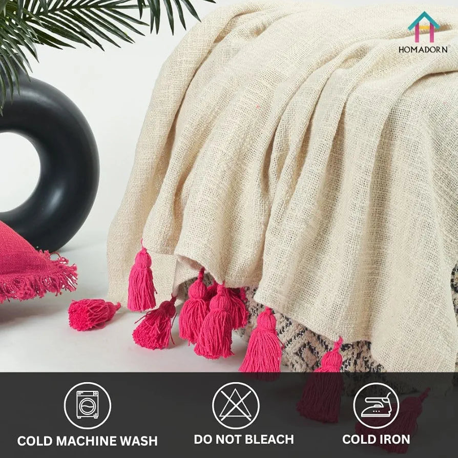 Homadorn 100% Cotton Off White Throw Blanket with Handmade Colorful Tassel Colour Pink