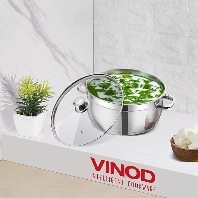 Vinod Bremen Stainless Steel Saucepot Set of 2 with Glass Lid | 2.5mm Thick Base | Riveted Sturdy Handle
