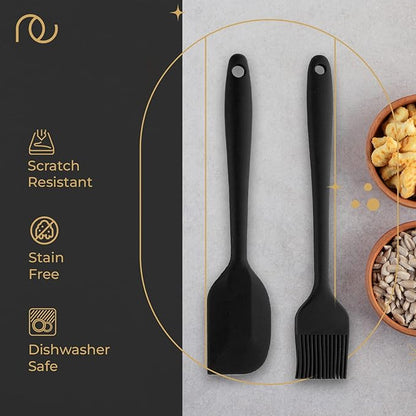Frenchware Set of 2, Black Oil Brush for Cooking & Non-stick Silicone Spatula Baking & Mixing | Seamless Design