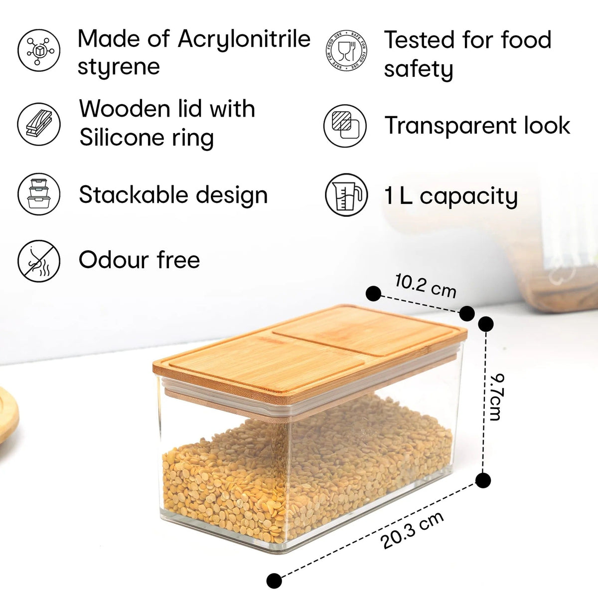 Anko 1 Litre Acrylic Airtight Food Storage Container with Bamboo Wood Lid | BPA-Free | Clear