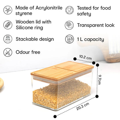 Anko 1 Litre Acrylic Airtight Food Storage Container with Bamboo Wood Lid | BPA-Free | Clear