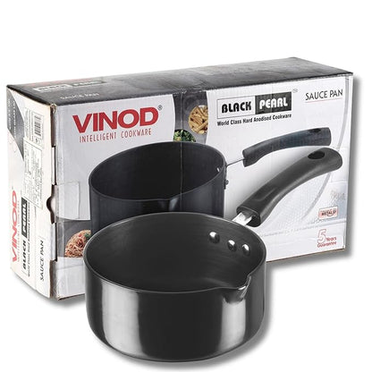 Vinod Black Pearl Hard Anodised Saucepan 1.1 Litres | 14cm | 3.25mm Thick | Metal Spoon Friendly | Ezee Pour Spout | Bakelite Handle