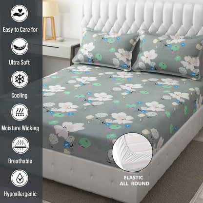 Fresh From Loom King Size Bed With Two Pillow Cover Soft Glace Cotton Fitted Bedsheet Elastic Fitted Bed Sheets 144 TC Leaf Grey