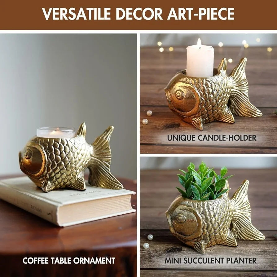 BEHOMA Aluminium Fish Figurine for Good Luck and Success | Candle Holder for Home Dcor Tabletop Living Room | Showpiece for Valentine's Day, Birthday , Gold