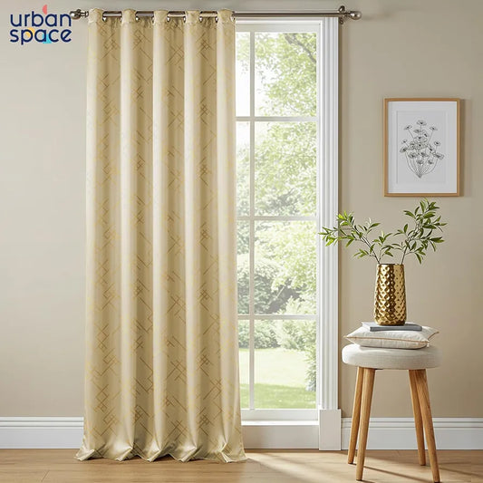 Urban Space Blackout Curtains for Living Room, Gold Foil Printed Luxurious Blackout Decorative Door Curtain Eyelet with Tieback, 1 Piece Criss Cross Beige