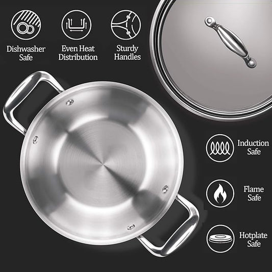 Milton Pro Cook Triply Stainless Steel 20 Cm Kadai With Lid, 1.6 Litres - 740 gms
