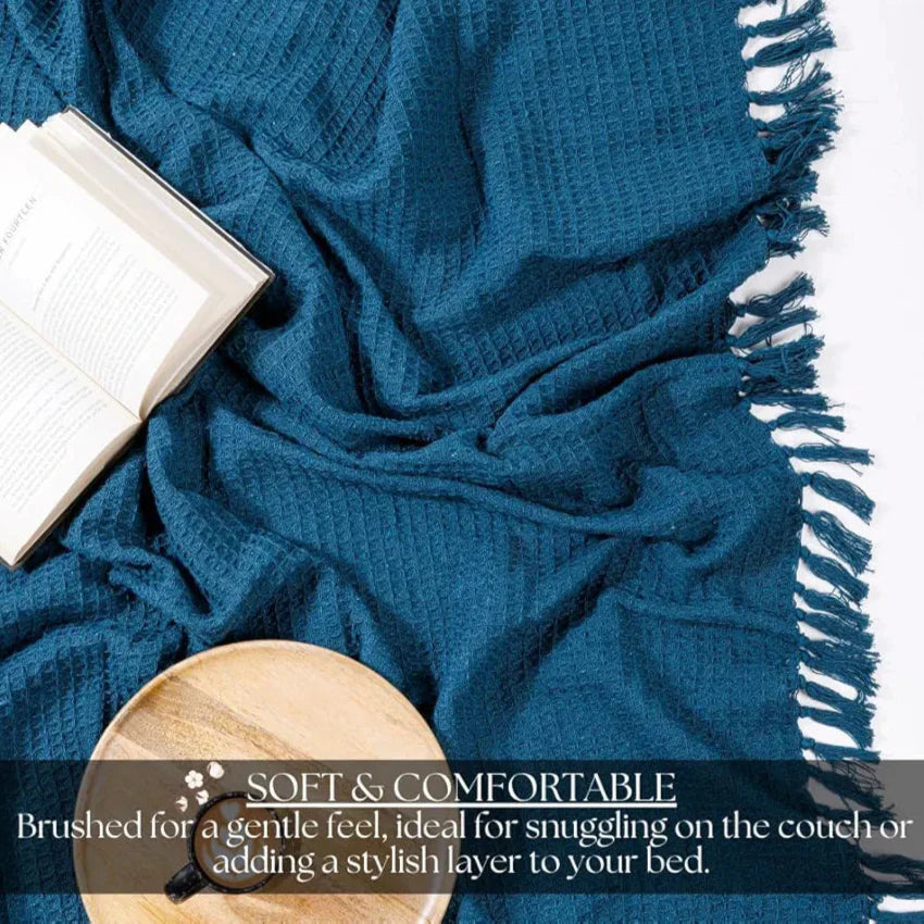 Homadorn Waffle Weave Cotton Throw Blanket Colour Teal Green