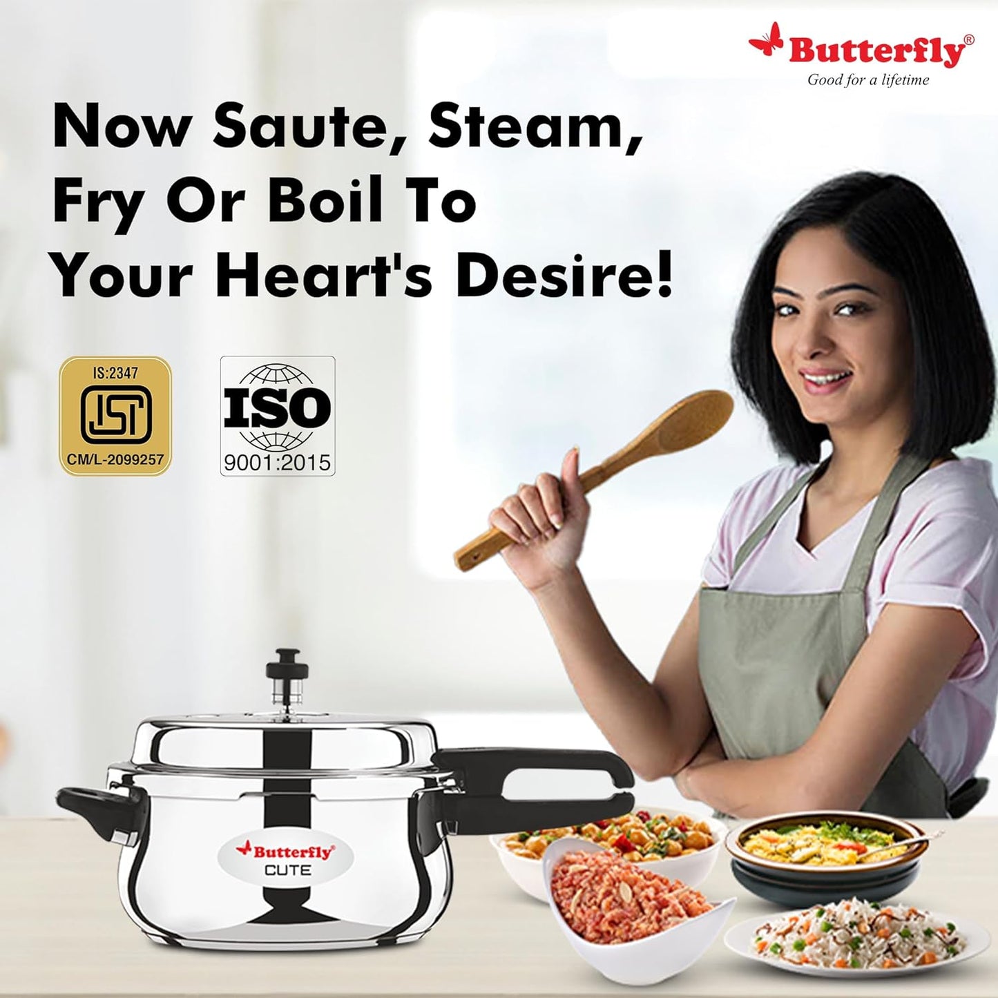 Butterfly Cute Ss Induction Compatible Outer Lid Stainless Steel Pressure Cooker With Glass Lid 3 Liter | Silver
