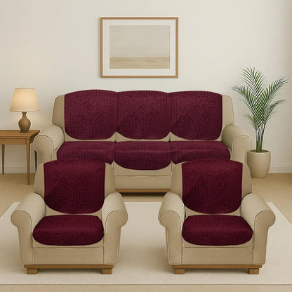 Cloth Fusion Italian Velvet Sofa Cover 5 Seater Set Perfect Floral Embossed Sofa Cover 3 Seater and 2 Seater Maroon