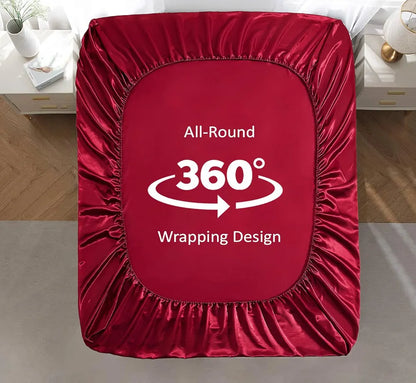 Cloth Fusion Satin Elastic Fitted Bedsheets Double Bed Luxury Queen Size Bed Sheet with 2 Pillow Covers Crimson Red