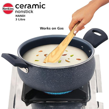 Hawkins Ceramic Nonstick Handi with Glass Lid 3 litre Induction Granite Casserole