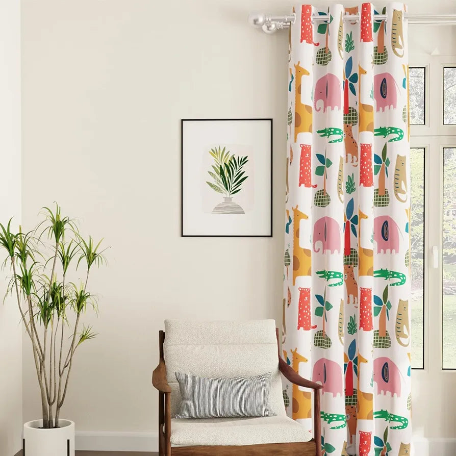 Urban Space Digital Printed Blackout Curtains for Door Bedroom Room Darkening Blackout Kids Decorative Curtains, 1 Piece Curtain Jungel Safari Buttercream