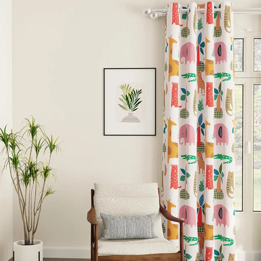 Urban Space Digital Printed Blackout Curtains for Door Bedroom Room Darkening Blackout Kids Decorative Curtains, 1 Piece Curtain Jungel Safari Buttercream