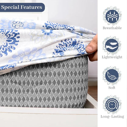Divine Casa Blue and Grey Floral Pattern 144 TC 100% Cotton Elastic Fitted Printed Queen Size Double Bed Bedsheet with 2 Pillow Cover for Bedroom